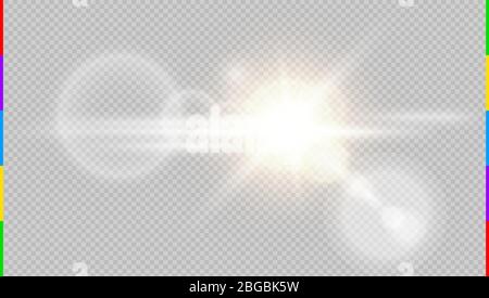 Abstract golden front sun lens flare translucent special light effect design. Vector blur in motion glow glare. Isolated transparent background. Decor Stock Vector