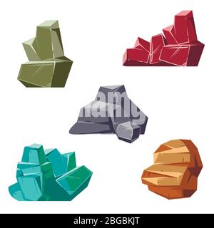 Set of rocks and crystals. Cartoon isometric 3D flat style Stock Vector