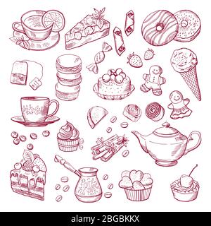 Tea and coffee different elements. Sweets, cupcakes. Hand drawn vector illustrations Stock Vector