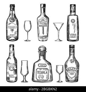 Vintage hand drawing different bottles. Vector illustration set Stock Vector