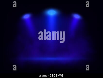 Vector blue spotlights on scene with light beams in the smoke. Design for presentation your product. Eps 10. Stock Vector
