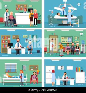 Medical personnel at work. Nurse doctor and patients in hospital interiors. Vector illustration Stock Vector