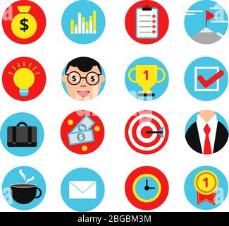 Business icon set in flat style. Vector illustrations of money, goals and finance signs Stock Vector
