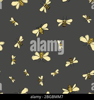 Night Bees scattered seamless vector repeat on white background ssurface design pattern tile Stock Vector