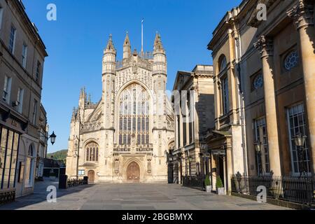 Abbey Churchyard in Bath during the Coronavirus lockdown on 20th April 2020. The square is home to Bath Abbey,  Roman Baths and Pump room, normally a Stock Photo