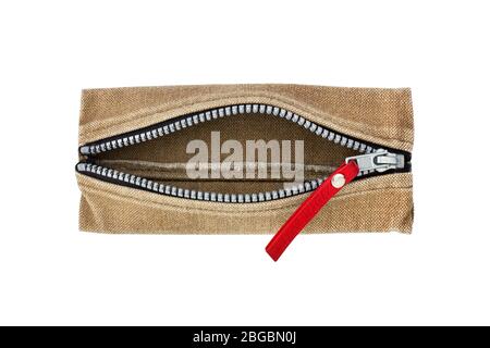 Empty open fabric wallet bag with zipper on white background isolated close up top view, green cloth bag with zip, brown coin canvas purse, pouch Stock Photo