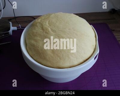 Yeast dough rises in the bowl Stock Photo