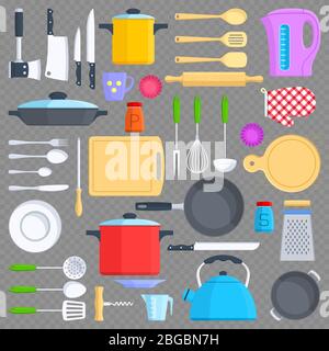 Kitchen tools, cookware and kitchenware flat icons isolated on transparent background. Vector illustration Stock Vector