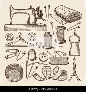 Vintage sewing symbols set. Vector pictures in hand drawn style Stock Vector
