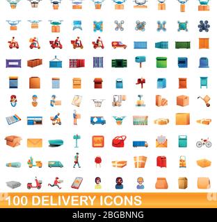 100 delivery icons set. Cartoon illustration of 100 delivery icons vector set isolated on white background Stock Vector