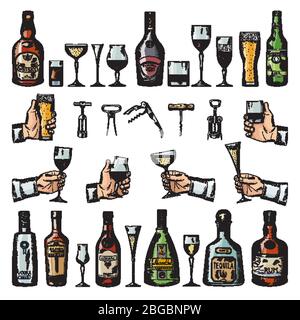 Set of alcoholic symbols. Different drinking glasses, wine bottles and corkscrews. Vector pictures in hand drawn style Stock Vector