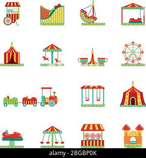 Icon set of attractions in amusement park. Circus, carousel and other vector illustrations in flat style Stock Vector