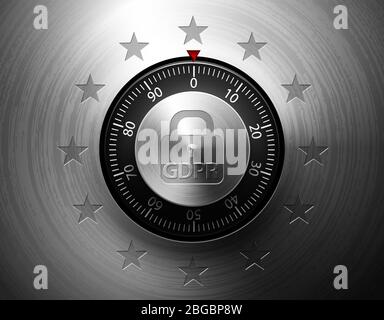 GDPR General Data Protection Regulation. Internet business guard padlock with EU stars. Privacy policy protect. Realistic vector metallic safe lock Stock Vector
