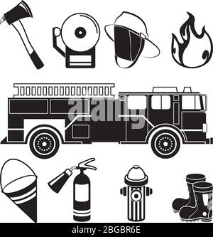 Monochrome illustrations of fireman tools in fire station department Stock Vector