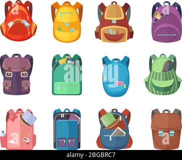 Different schoolbags in cartoon style isolate on white background. Vector education illustrations Stock Vector