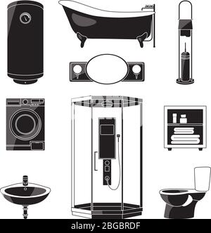 Monochrome illustrations of bathroom furniture and others sanitary symbols. Vector black pictures isolated Stock Vector