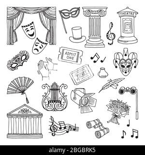 Doodle illustration set of theatre symbols. Lira, binoculars, masks. Opera vector icons Stock Vector