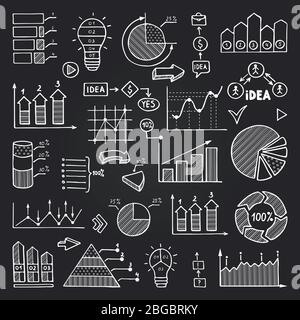 Charts, data graphs and other infographics elements isolate on black chalkboard. Vector pictures set Stock Vector