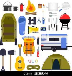 Camping equipment for travel. Hiking accessories vector icon set in flat style Stock Vector