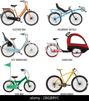 Different type of bicycles for male female and kids. Bikes for family. Vector illustrations isolate on white Stock Vector