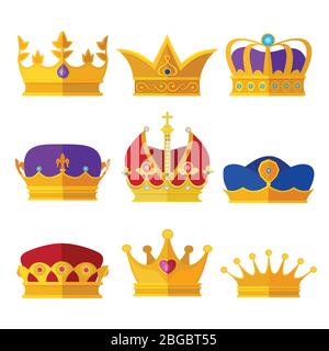 Golden crowns of kings, prince or queen. Vector illustrations set in cartoon style Stock Vector