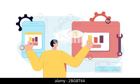 Cartoon male developer testing application of smartphone and computer pc vector flat illustration Stock Vector