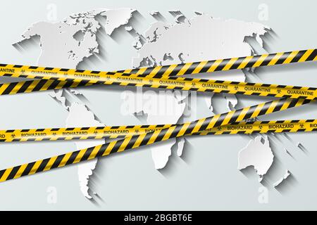 Vector biohazard danger yellow black tape on white paper cut world map background. Safety fencing ribbon. World quarantine flu. Warning danger Stock Vector