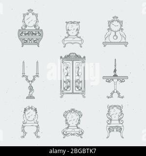 Home antique furniture chairs, dresser, bedside table, mirror. Vector hand drawing illustrations in baroque style Stock Vector