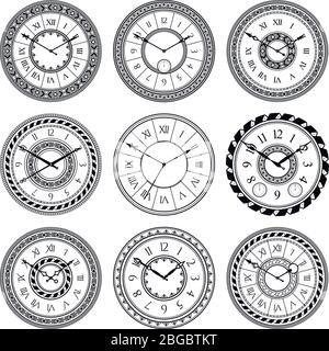 Antique clocks isolate on white. Vintage watch on wall. Vector pictures set Stock Vector