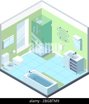 Bathroom interior with different furniture elements. Vector isometric illustrations Stock Vector