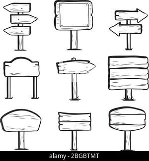 Hand drawn wooden street signs. Doodle sign post icons. Wood frame arrow, wooden billboard banner, vector illustration Stock Vector