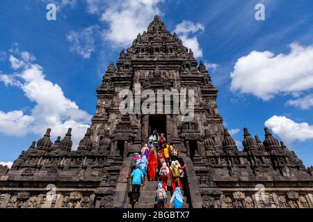 Indonesian Schoolchildren Visiting The Prambanan Temple Compounds, Yogyakarta, Central Java, Indonesia. Stock Photo