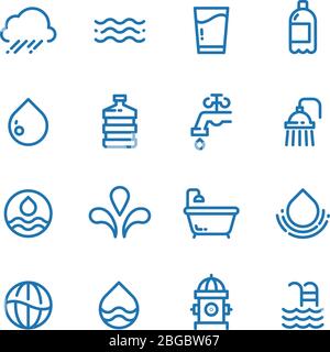 Crystal clean water drops, fresh drinks and hygiene line vector icons. Water drop and drink pure illustration Stock Vector