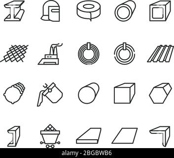 Steel material products line vector icons. Steel pipe and beam metallurgy outline pictograms. Metal pipe for industry, steel tube illustration Stock Vector