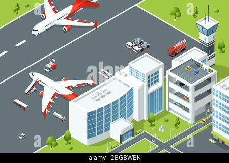 Airport, controls buildings of aircraft. Plane ramp and different support machines on runway. Isometric vector illustrations Stock Vector