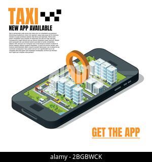 Mobile phone with city landscape. Online taxi advertising template Stock Vector