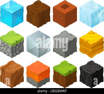 Isometric blocks with different texture for 3d game location design. Lava, stones, ice and grass. Metal and wood vector cubes Stock Vector