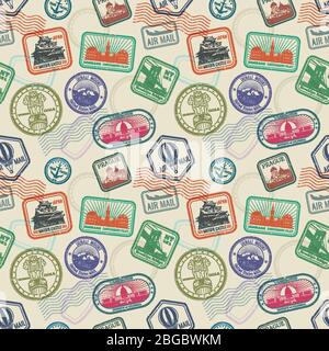 Vintage passport travel stamps vector seamless pattern. Colored stamp to passport pattern illustration Stock Vector