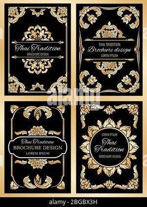 Thailand art vector background with floral thai frame borders and dividers. Thailand tradition poster and brochure illustration Stock Vector