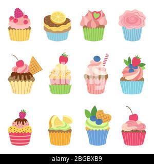 Vanilla muffins and cupcakes with chocolate. Vector illustration in flat style Stock Vector