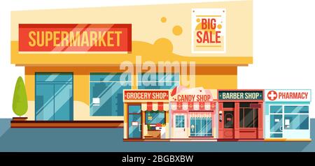 Supermarket and small magazines cityscape, flat style Stock Vector