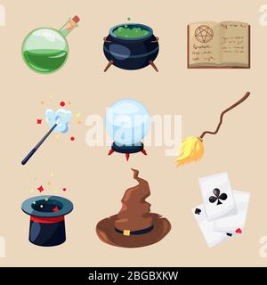 Different symbols of wizards and magicians. Mystery book, magic parchment and wand. Vector icons set in cartoon style Stock Vector