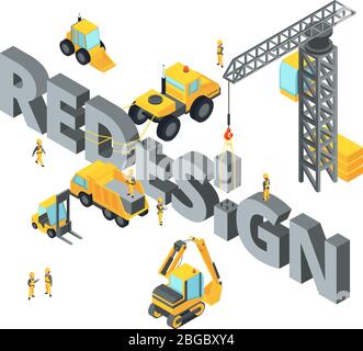 Concept illustration with big isometric letters and words. Construction stage with different technics Stock Vector