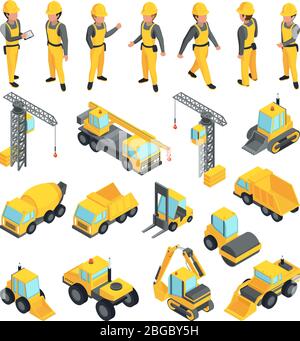 Transport and workers for construction buildings. Vector pictures in isometric style Stock Vector