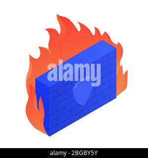 Cartoon bright brick wall in fire with shield icon vector graphic illustration Stock Vector