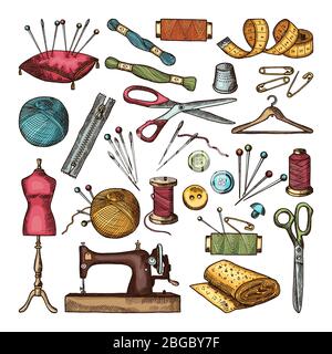 Colored pictures of different tools for needlework or sewing workshop Stock Vector