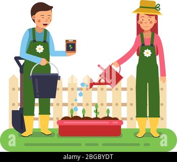 Woman and man working in garden. Different tools for farming and gardening. Vector characters in flat style Stock Vector