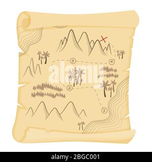 Cartoon vintage treasure map on papyrus vector graphic illustration Stock Vector