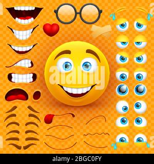 Cartoon yellow 3d smiley face vector character creation constructor. Emoji with emotions, eyes and mouthes set. Illustration of emoticon face smiley, creation smile mood Stock Vector