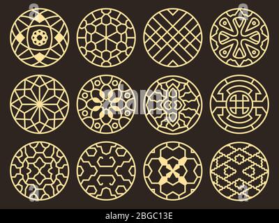 Korean and chinese traditional vector ancient buddhist patterns, ornaments and symbols. Asian round element pattern tattoo, illustration of symbolic frame Stock Vector